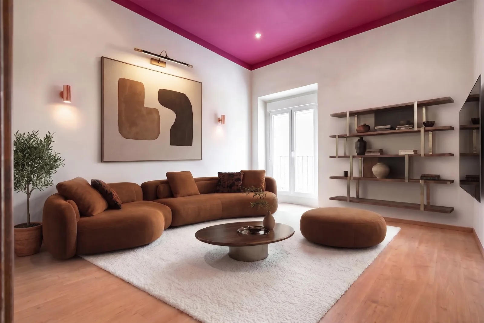 Salón con techo fucsia y sofá curvo de terciopelo marrón, ejemplo de home staging virtual en Madrid