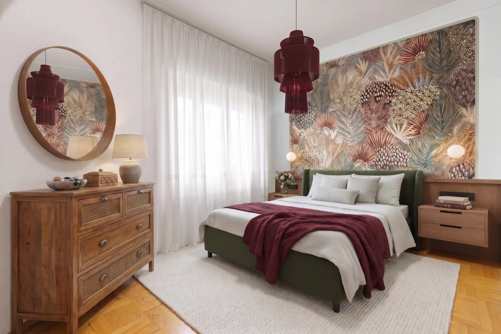 Dormitorio principal con home staging virtual: cabecero, cómoda de madera y cabecero floral