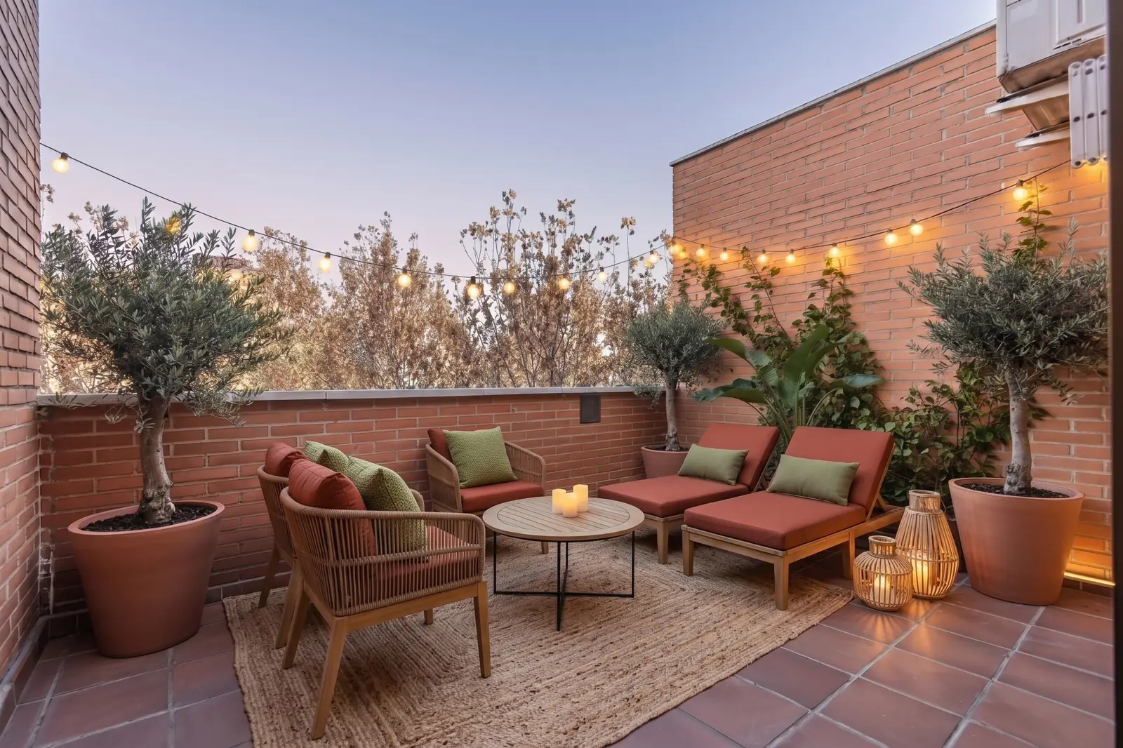 Terraza con home staging virtual: sofá exterior, olivo en maceta y guirnalda de luces