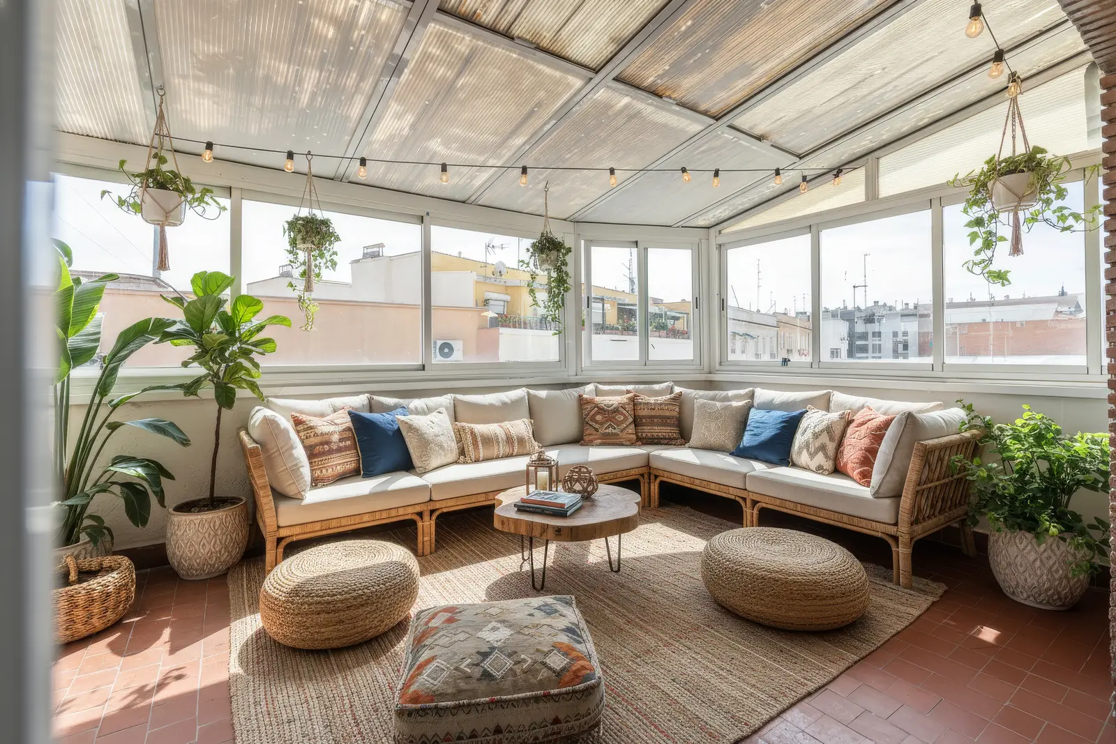Galería acristalada con home staging virtual: rincón de estar con textiles y plantas